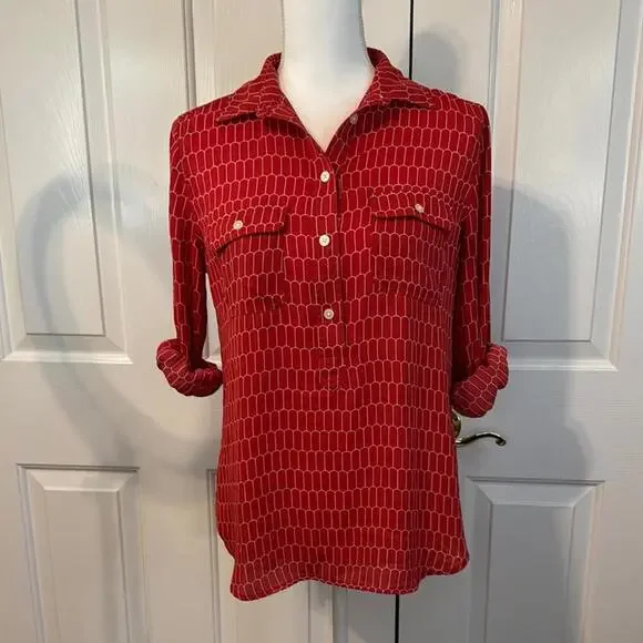 LOFT Stylish Red Patterned Button-Up Shirt - Picture 6 of 8
